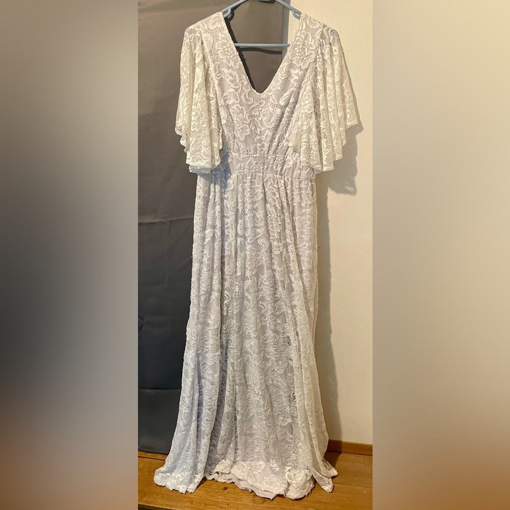 White Flutter Sleeve V-Neck Bridal Gown - Picture 3 of 7